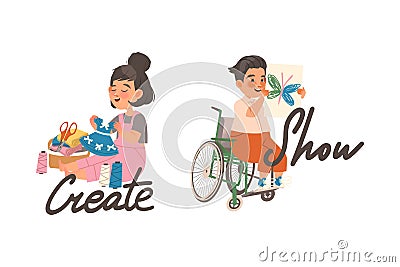 Little Boy and Girl Creating and Showing Picture as Verb Expressing Action for Kids Education Vector Set Vector Illustration