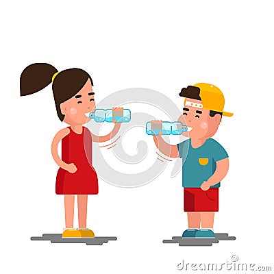 Little boy and girl drinks water vector illustration. Kids drinking clean isolated on white background Vector Illustration