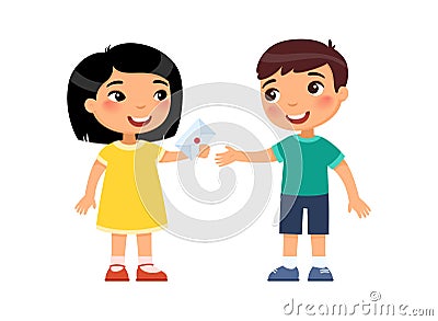 Little boy and girl exchange valentines. First love concept. Vector Illustration