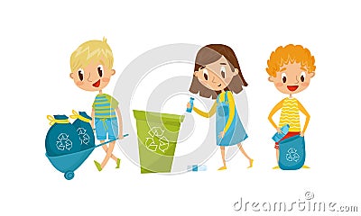 Little Boy and Girl Gathering Plastic Bottles for Recycling Vector Illustration Set Vector Illustration