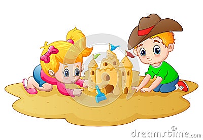 Little boy and girl making sandcastle at beach Vector Illustration