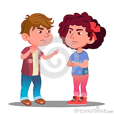 Little Boy And Girl Offended On Each Other Vector. Isolated Illustration Vector Illustration