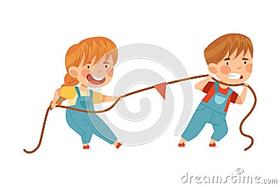 Little Boy and Girl Playing Tug of War or Rope Pulling Testing Strength Vector Illustration Vector Illustration