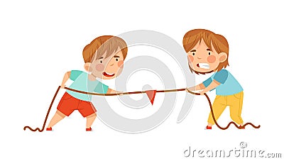 Little Boy and Girl Playing Tug of War or Rope Pulling Testing Strength Vector Illustration Vector Illustration