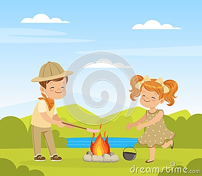 Little Boy and Girl Scout at Summer Camp at Campfire Frying Sausage Vector Illustration Stock Photo