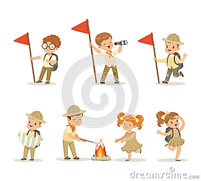 Little Boy and Girl Scouts with Backpack and Binoculars Engaged in Hiking and Camping Activity Vector Set Vector Illustration