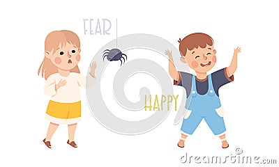 Little Boy and Girl Showing Sense Fearing Spiders and Happy Smiling Vector Set Vector Illustration