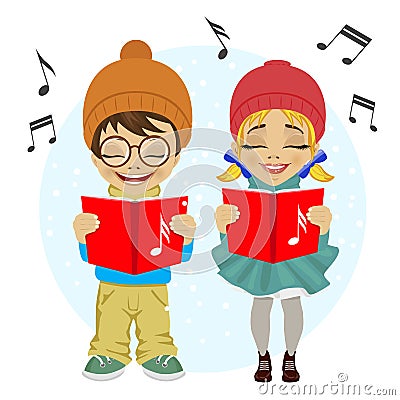 Little boy and girl singing Christmas carols Vector Illustration