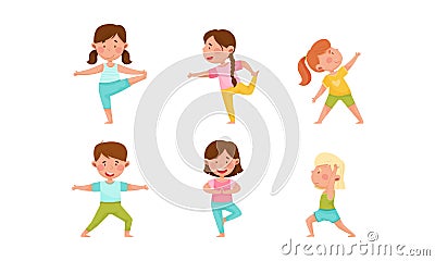 Little Boy and Girl Standing in Yoga Pose Breathing Deeply Vector Illustration Set Vector Illustration