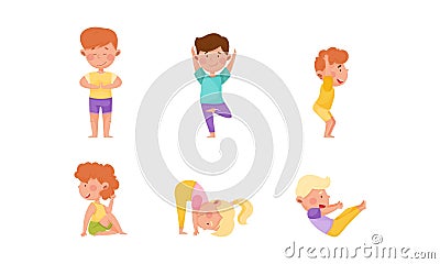 Little Boy and Girl Standing in Yoga Pose Breathing Deeply Vector Illustration Set Vector Illustration