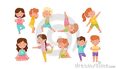 Little Boy and Girl Standing in Yoga Pose Breathing Deeply Vector Illustrations Set Vector Illustration