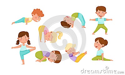 Little Boy and Girl Standing in Yoga Pose Breathing Deeply Vector Illustrations Set Vector Illustration