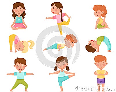 Little Boy and Girl Standing in Yoga Pose Breathing Deeply Vector Illustrations Set Vector Illustration