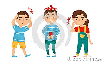 Little Boy and Girl Suffering from Headache and Fever Vector Set Vector Illustration