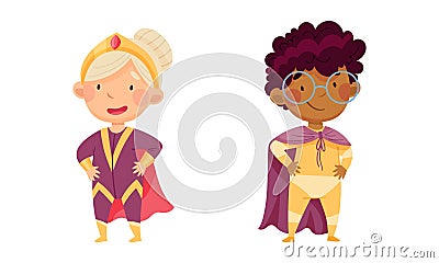 Little boy and girl in superheroes costumes set. Kids having fun at carnival or birthday party cartoon vector Vector Illustration