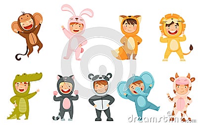 Little Boy and Girl Wearing Animal Costumes Waving Hand and Having Fun Vector Set Vector Illustration