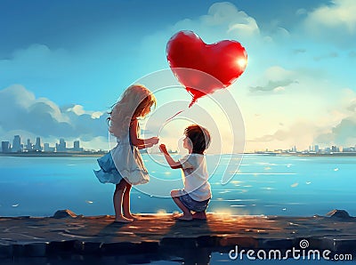 A little boy gives a red heart to a girl against the background of a blue sea Stock Photo