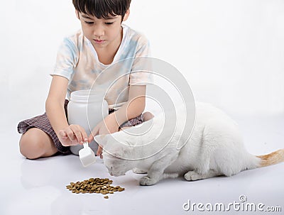 Little boy giving food for cat Stock Photo