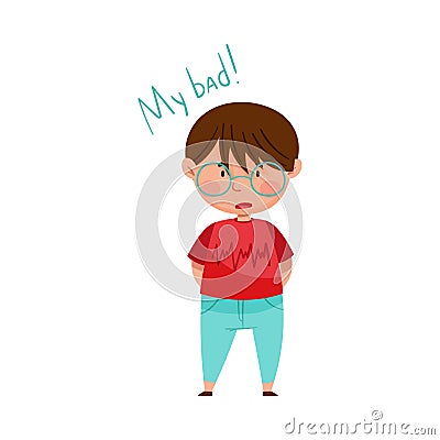 Little Boy in Glasses Feeling Sorry and Expressing Regret for Bad Thing Vector Illustration Vector Illustration