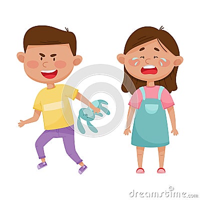 Little Boy with Grin on His Face Taking Away Toy Hare from His Crying Agemate Vector Illustration Vector Illustration