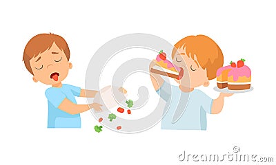 Little Boy Gulping Sweet Cake and Throwing Bowl with Vegetable Showing Dislike and Disgust Vector Set Vector Illustration