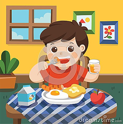 A Little boy happy to eat breakfast. Vector Illustration