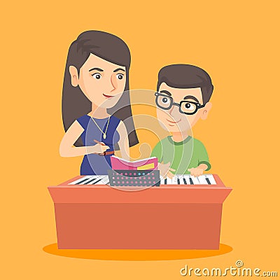 Little boy having a piano lesson with a teacher. Vector Illustration