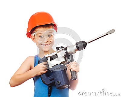Little boy in a helmet with electric hammer Stock Photo