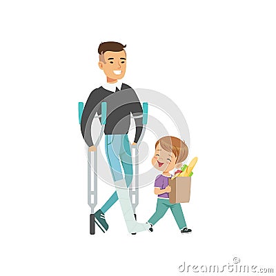 Little boy helping disabled man carry shopping bag, kids good manners concept vector Illustration on a white background Vector Illustration