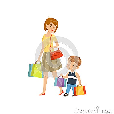 Little boy helping his mother carry shopping bags, kids good manners concept vector Illustration on a white background Vector Illustration