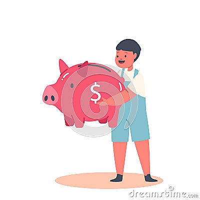 Little Boy Holding Huge Piggy Bank in Hands. Child Collect Money into Thrift-box. Saving for Kids Future, Education Vector Illustration