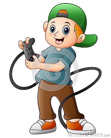 Little boy holding joystick game Vector Illustration