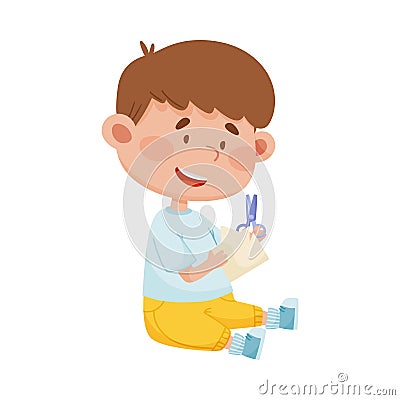 Little Boy Holding Scissors Doing Paper Craft Vector Illustration Vector Illustration