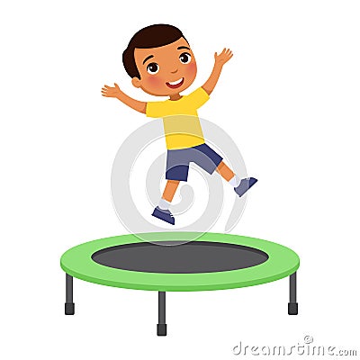 Little boy jumping on trampoline. Happy dark skin sportive child having fun, playing. Vector Illustration