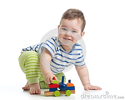Little boy kid playing with block toys isolated Stock Photo