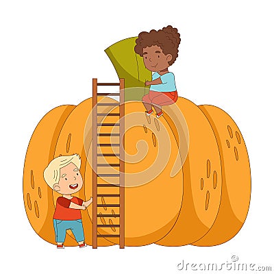 Little Boy with Ladder Climbing Up Huge Pumpkin to Girl Vector Illustration Vector Illustration
