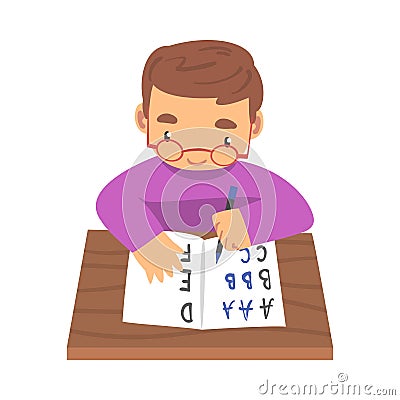 Little Boy Learning to Write, Elementary School Student Writing English Letters while Sitting at Desk Cartoon Vector Vector Illustration