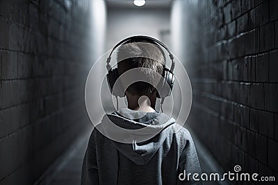 Little boy listening to music with headphones in a dark room with brick wall, A young boy full rear view with headphone listening Stock Photo