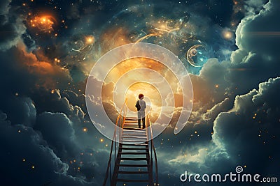 Little boy lives in fantasy dream world with magic, imagination sky Stock Photo