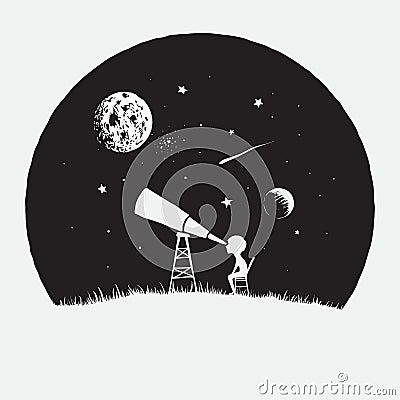 Little boy looks to through a telescope to space Vector Illustration