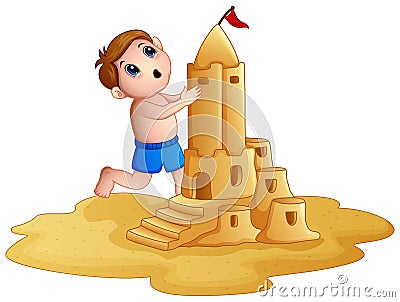 Little boy making a big sandcastle at beach Vector Illustration