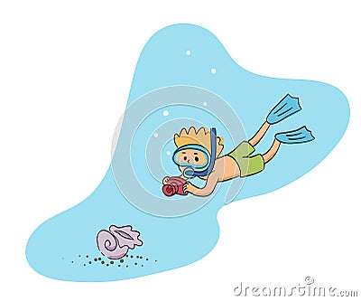 Little boy making photo with shell underwater Vector Illustration