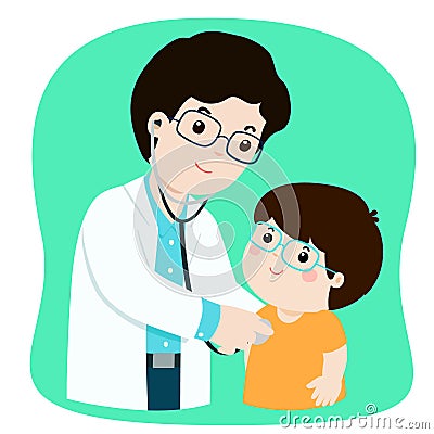 Little boy on medical check up with male pediatrician doctor. Vector Illustration