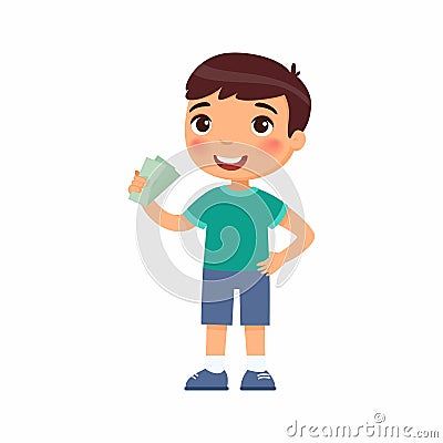 Little boy with money in hand flat vector illustration. Rich happy child holding banknotes cartoon character. Vector Illustration