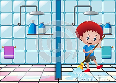 Little boy mopping the bathroom floor Vector Illustration