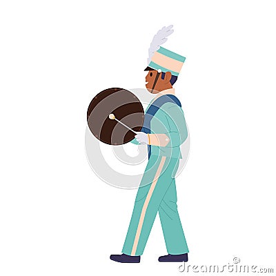 Little boy musician drummer of military orchestra marching playing drum with stick isolated on white Vector Illustration