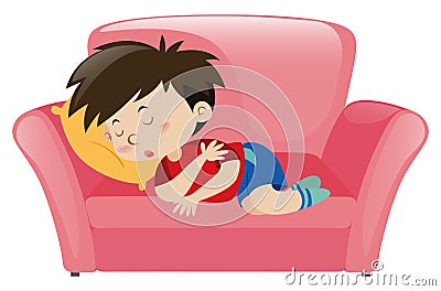 Little boy napping on pink sofa Vector Illustration