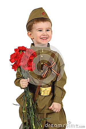 The little boy in the old-fashioned Soviet military uniform Stock Photo