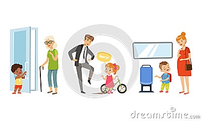 Little Boy Opening Door to Senior Woman and Girl Apologizing for Throwing Mud at Man Vector Illustration Set Vector Illustration