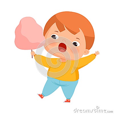 Little Boy with Overweight and Body Fat Holding Candy Floss Vector Illustration Vector Illustration